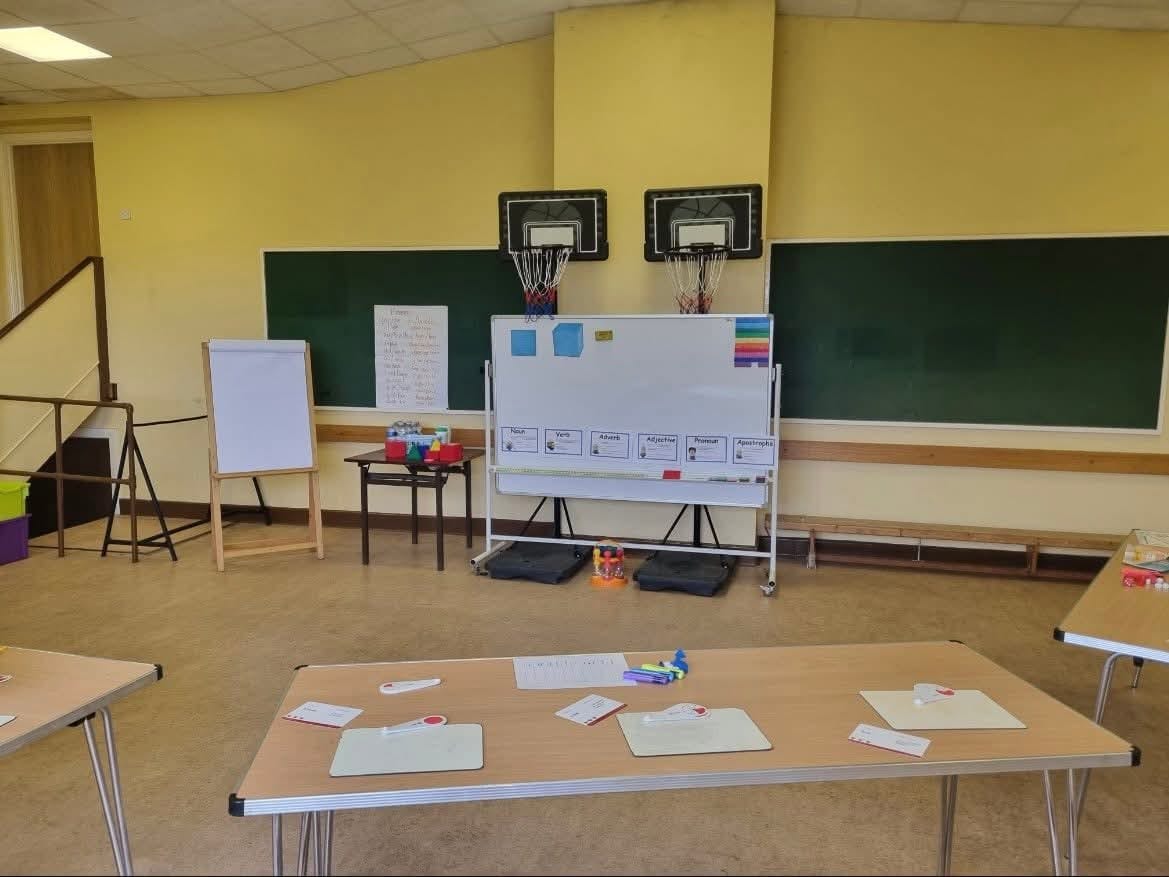 The Back Room set up for a class, with tables, a whiteboard and a flip chart
